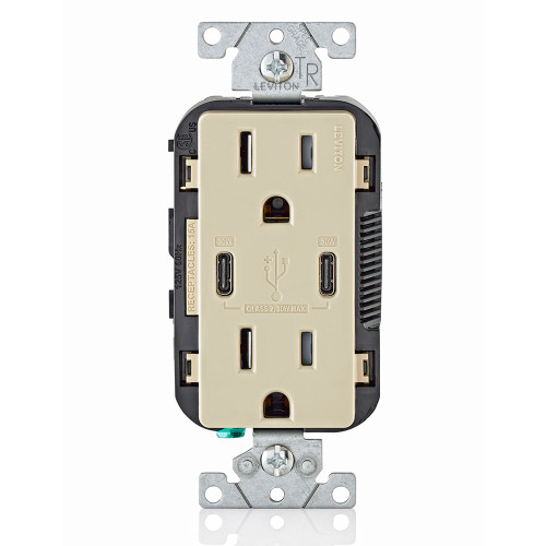 Leviton T5635-I 15A Tamper Resistant Duplex Receptacle with 30W (6A) Dual USB Type C In-Wall Charger, Ivory