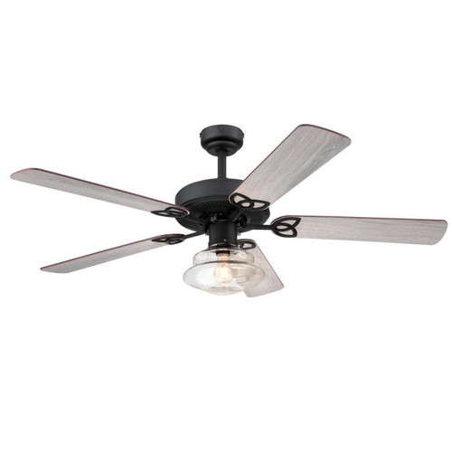 Westinghouse 7304800 Scholar 52" Indoor Ceiling Fan with Dimmable LED Light Fixture, Matte Black with Reversible Weathered Oak/Walnut Blades, Clear Glass