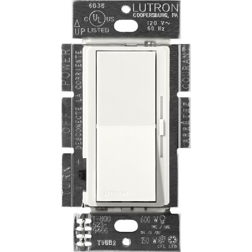 Lutron DVSCRP-253P-GL Diva Reverse-Phase Single Pole/3-Way Dimmer, 120V, 250W LED/CFL, 500W Incandescent/Halogen, 500W ELV, Glacier White