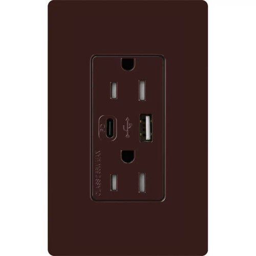 Lutron CAR-15-ACTR-BR Claro 15A 125V Tamper Resistant USB Type A & C Duplex Receptacle, Brown