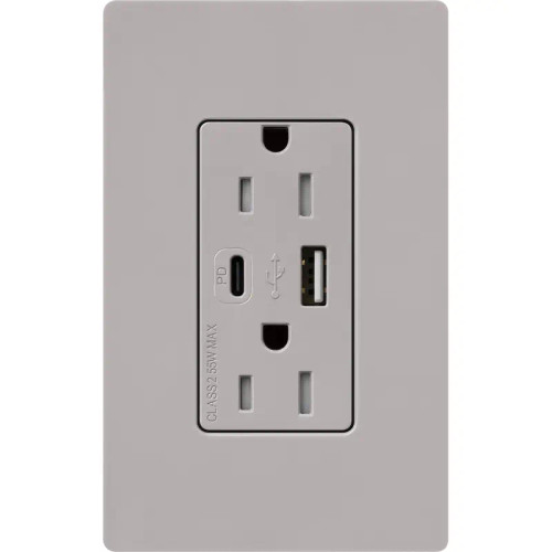Lutron CAR-15-ACTR-GR Claro 15A 125V Tamper Resistant USB Type A & C Duplex Receptacle, Gray