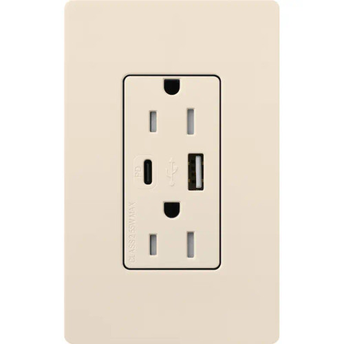 Lutron CAR-15-ACTR-LA Claro 15A 125V Tamper Resistant USB Type A & C Duplex Receptacle, Light Almond