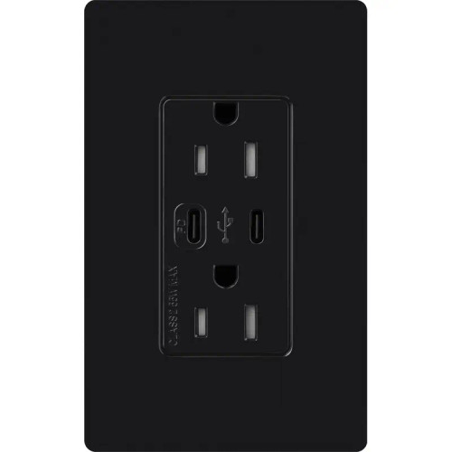 Lutron CAR-15-CCTR-BL Claro 15A 125V Tamper Resistant USB Type C & C Duplex Receptacle, Black