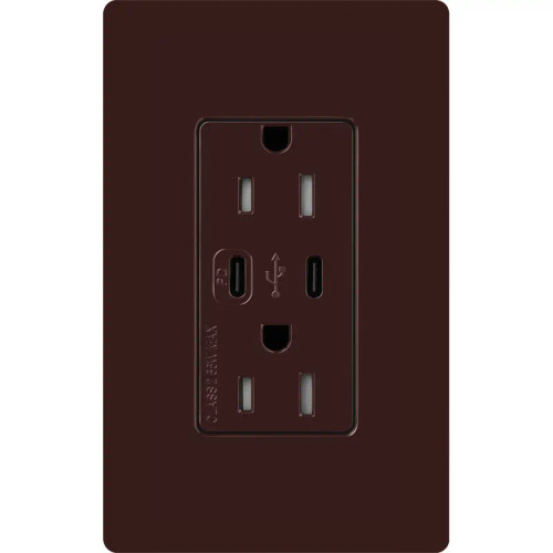 Lutron CAR-15-CCTR-BR Claro 15A 125V Tamper Resistant USB Type C & C Duplex Receptacle, Brown