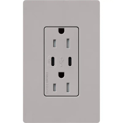 Lutron CAR-15-CCTR-GR Claro 15A 125V Tamper Resistant USB Type C & C Duplex Receptacle, Gray
