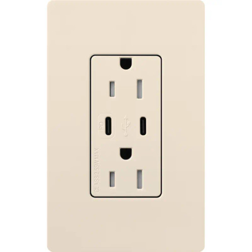 Lutron CAR-15-CCTR-LA Claro 15A 125V Tamper Resistant USB Type C & C Duplex Receptacle, Light Almond
