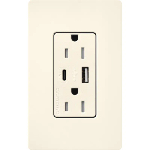 Lutron SCR-15-ACTR-BI Claro 15A 125V Tamper Resistant USB Type A & C Duplex Receptacle, Biscuit