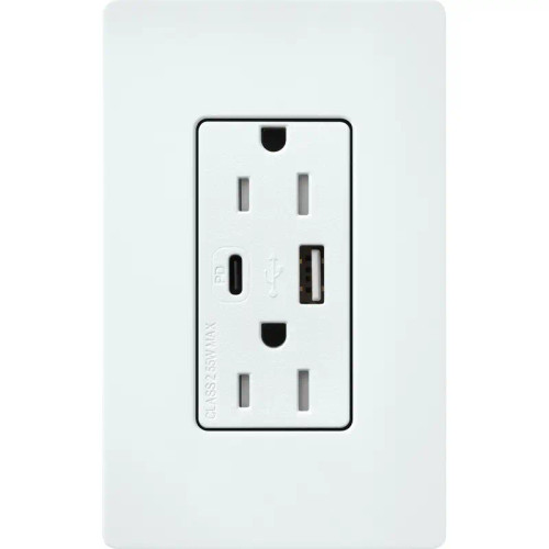Lutron SCR-15-ACTR-GL Claro 15A 125V Tamper Resistant USB Type A & C Duplex Receptacle, Glacier White
