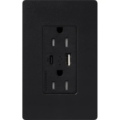 Lutron SCR-15-ACTR-MN Claro 15A 125V Tamper Resistant USB Type A & C Duplex Receptacle, Midnight
