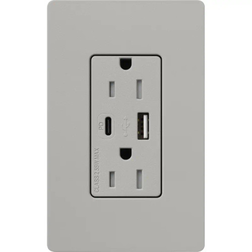Lutron SCR-15-ACTR-PB Claro 15A 125V Tamper Resistant USB Type A & C Duplex Receptacle, Pebble