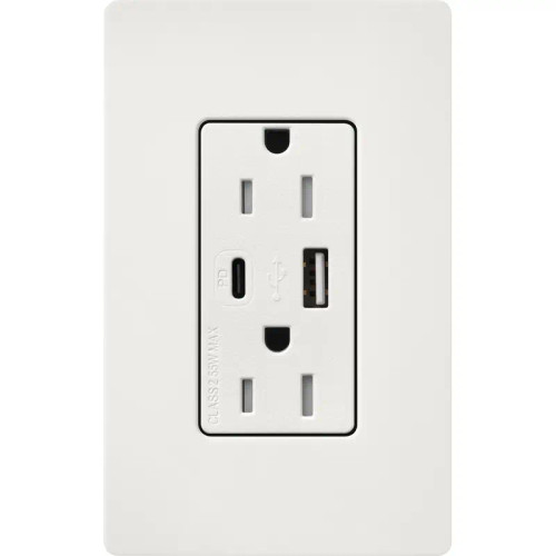 Lutron SCR-15-ACTR-RW Claro 15A 125V Tamper Resistant USB Type A & C Duplex Receptacle, Architectural White