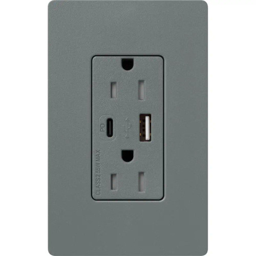 Lutron SCR-15-ACTR-SL Claro 15A 125V Tamper Resistant USB Type A & C Duplex Receptacle, Slate