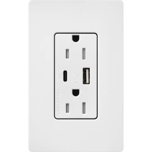 Lutron SCR-15-ACTR-SW Claro 15A 125V Tamper Resistant USB Type A & C Duplex Receptacle, Snow White