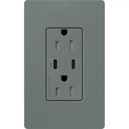 Lutron SCR-15-CCTR-SL Claro 15A 125V Tamper Resistant USB Type C & C Duplex Receptacle, Slate