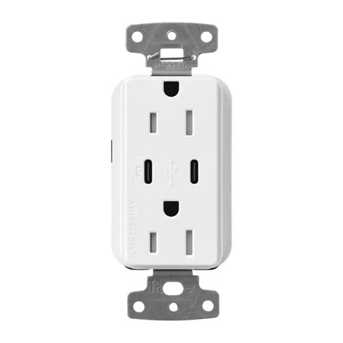 Lutron SCR-15-CCTR-SW Claro 15A 125V Tamper Resistant USB Type C & C Duplex Receptacle, Snow White