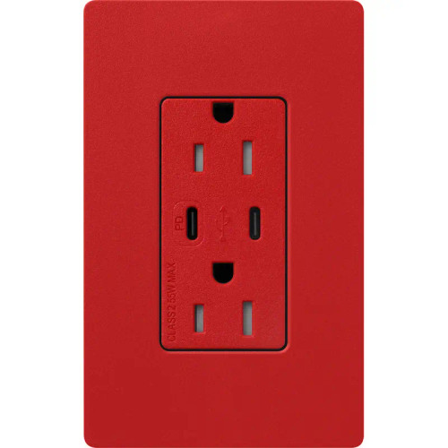 Lutron SCR-15-CCTR-SR Claro 15A 125V Tamper Resistant USB Type C & C Duplex Receptacle, Signal Red