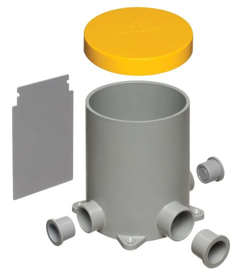 Arlington FLBC4500 Concrete Floor Box Kit, 4.5" Non-Metallic Round Box with 6 Conduit Hubs, Plugs, Low Voltage Divider, and Mud Cover