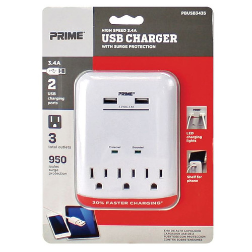 Prime PBUSB343S 3-Outlet 950 Joule Surge Tap with 2-Port 3.4A USB Charger, White