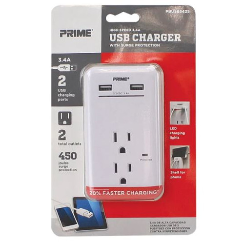 Prime PBUSB342S 2-Outlet 450 Joule Surge Tap with 2-Port 3.4A USB Charger, White