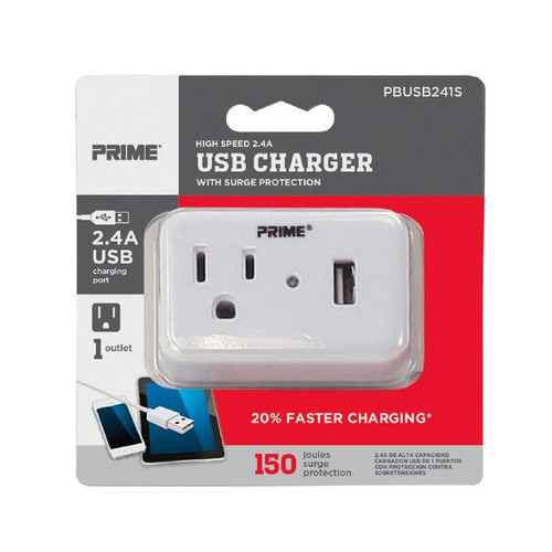 Prime PBUSB241S 1-Outlet 150 Joule Surge Tap with 1-Port 2.4A USB Charger, White
