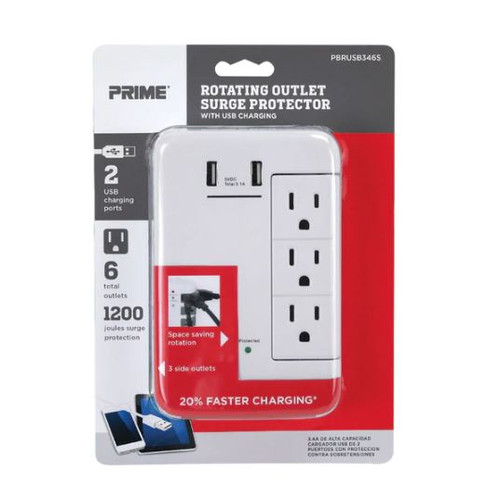 Prime PBRUSB346S 6-Outlet (3-Fixed Rotating) 1200 Joule Surge Tap with 2-Port 3.4A USB Charger, White