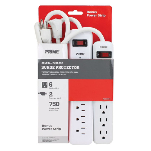 Prime PBCB0004 6-Outlet 750 Joule Surge Protector with 6-Outlet Power Strip, White