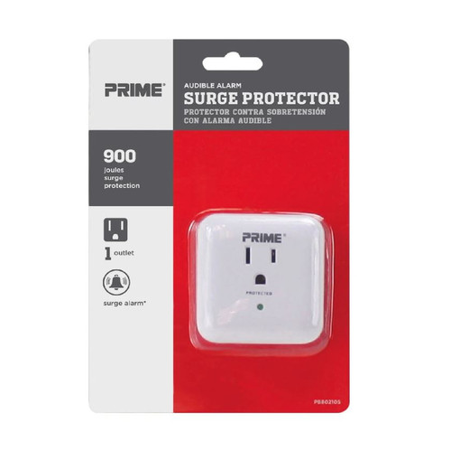 Prime PB802105 1-Outlet 900 Joule Surge Tap with End-of-Service Alarm, White