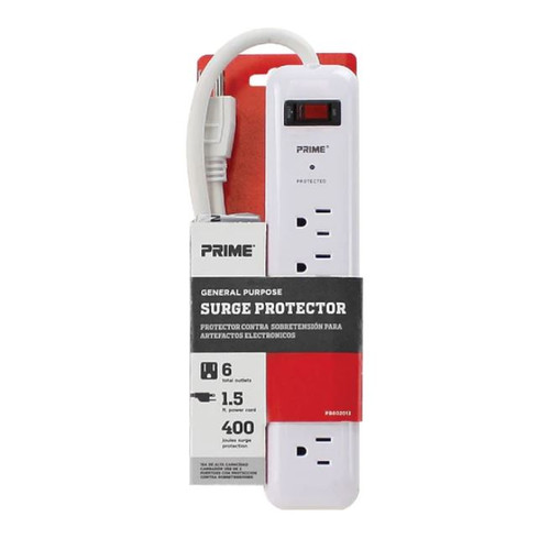Prime PB802013 6-Outlet 400 Joule Surge Protector with 1.5 Ft. Cord, White