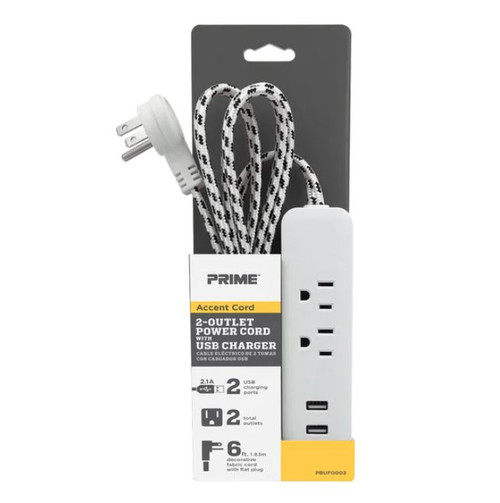 Prime PBUF0002 2-Outlet 2-Port 2.1A USB Power Strip with 6 Ft. Accent Cord, White