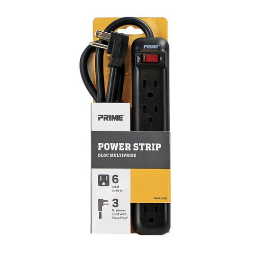 Prime PB922009 6-Outlet Power Strip with 3 Ft. Cord, Black