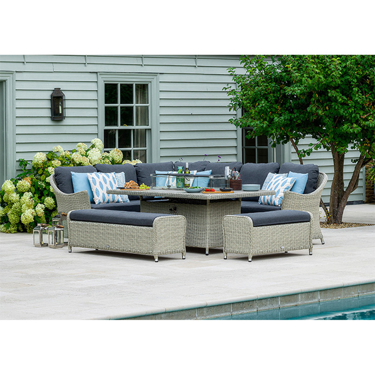 Monterey Modular Sofa, Large Rectangle Ceramic Casual Dining Table with Firepit & 2 Benches - Dove