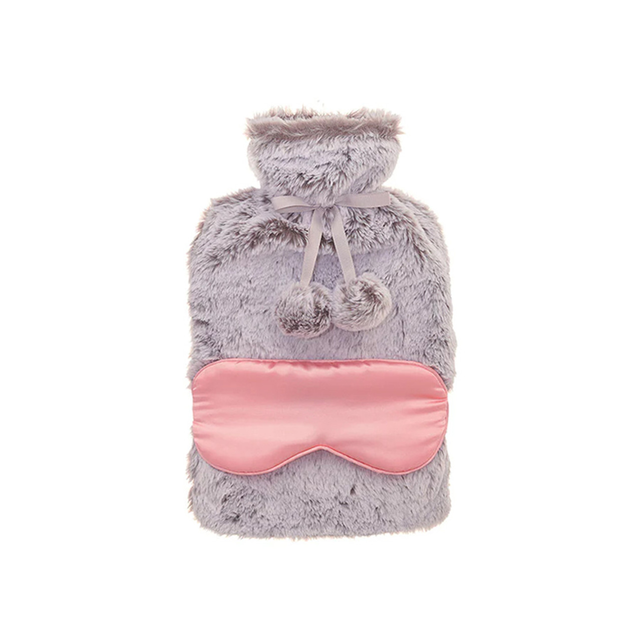 Faux Fur Hot Water Bottle & Satin Eye Mask - Grey/Pink
