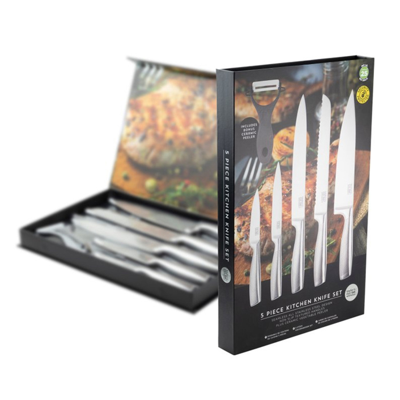 Stainless Steel 5 Piece Paring, All Purpose, Carving, Bread & 20cm Chef's Knife Set With Ceramic Vegetable Peeler