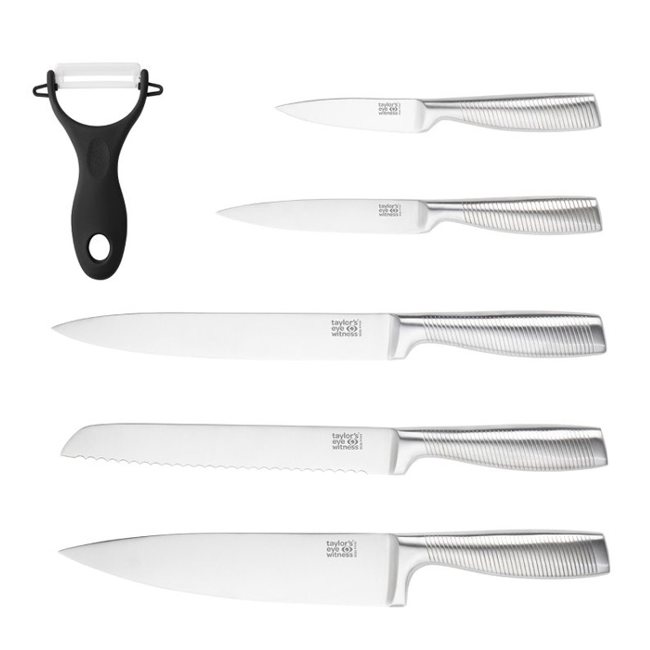 Stainless Steel 5 Piece Paring, All Purpose, Carving, Bread & 20cm Chef's Knife Set With Ceramic Vegetable Peeler