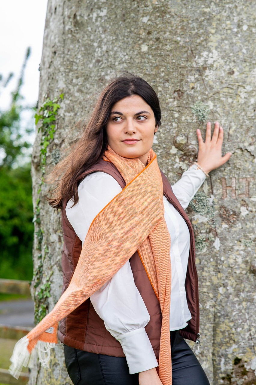 Orange Herringbone 100% Merino Lambswool Scarf *in-store