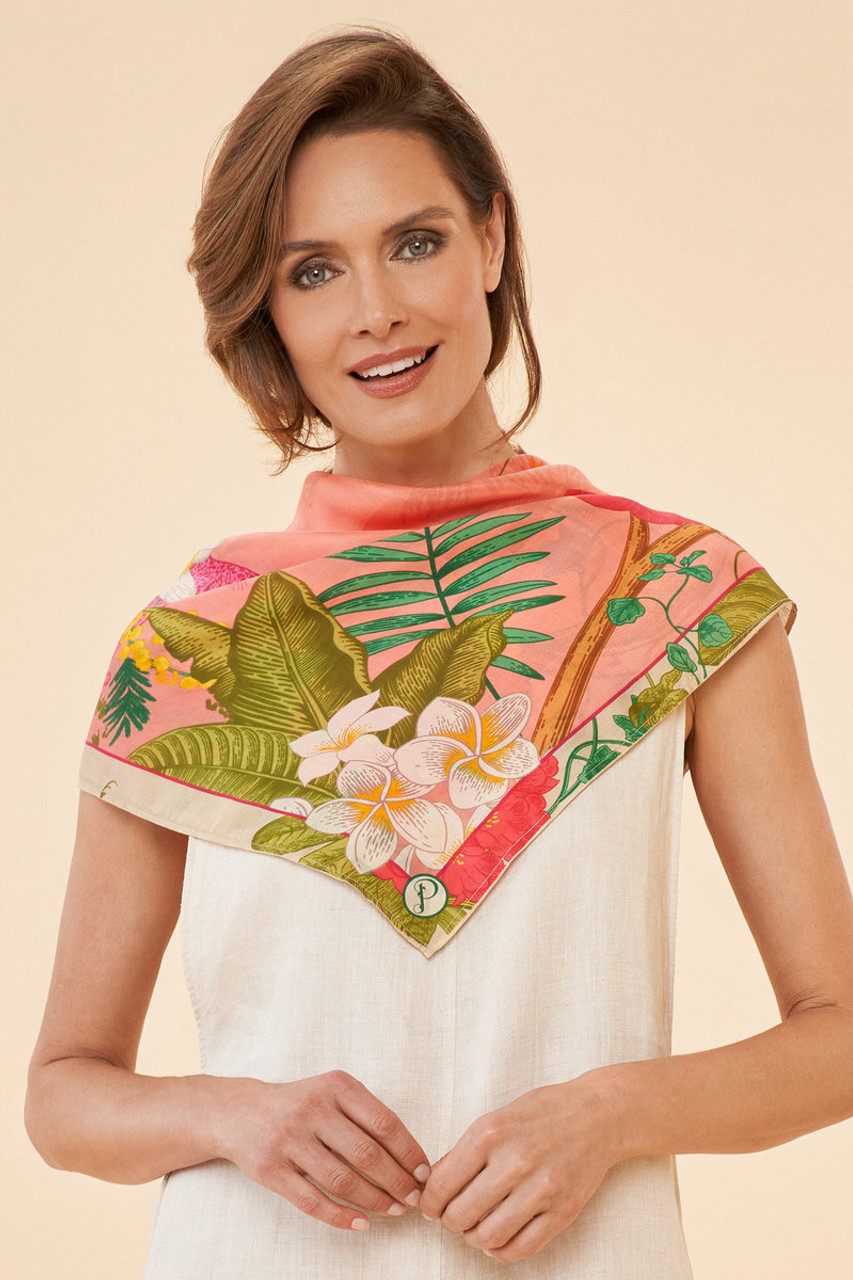 100% Silk Tropical Floral and Fauna Scarf - Petal *in-store