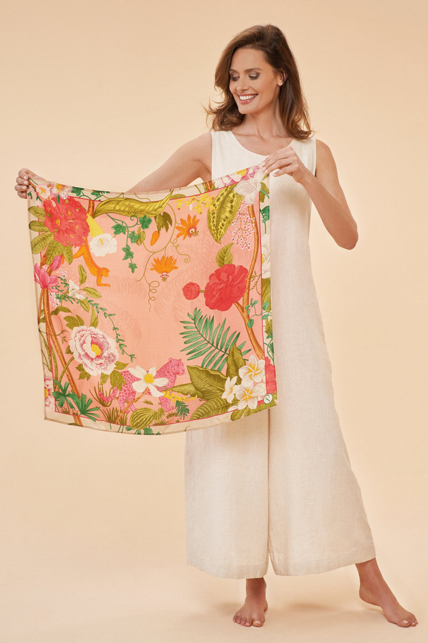 100% Silk Tropical Floral and Fauna Scarf - Petal *in-store