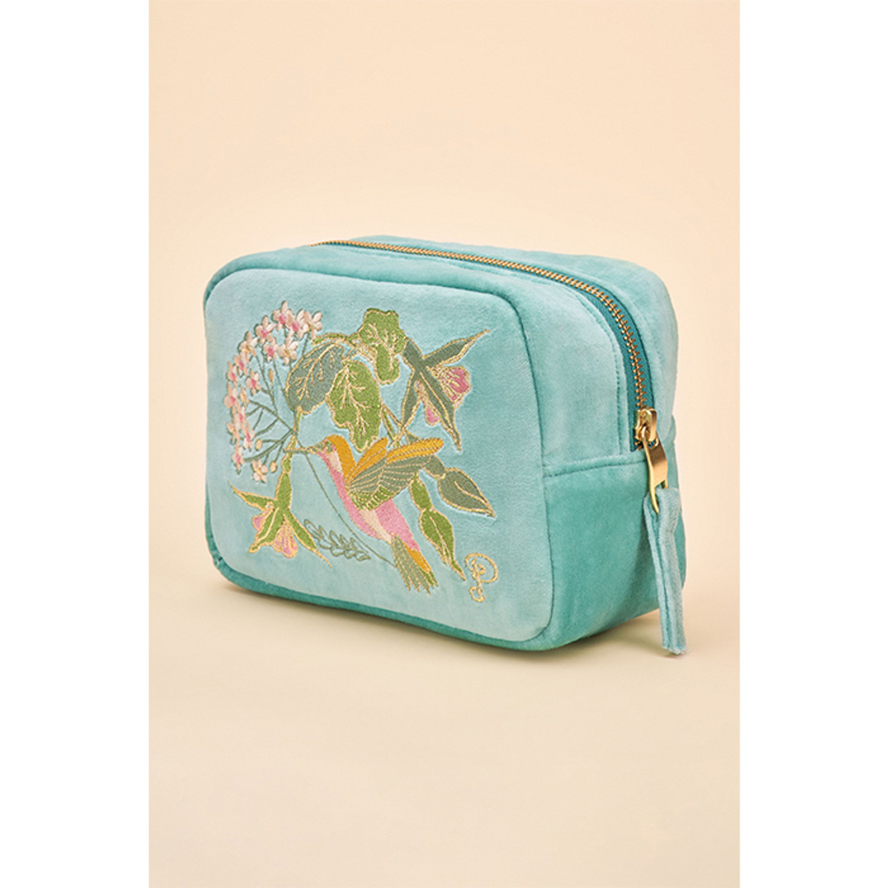 Velvet Embroidered Make-Up Bag - Hummingbird, Aqua *in-store