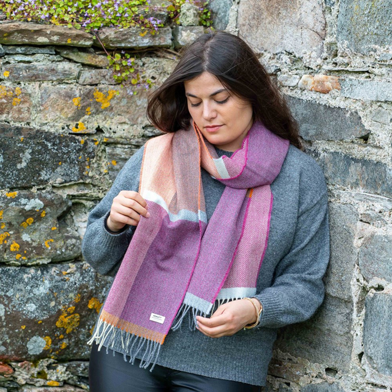 Lambswool Beetroot and Smoke Check Scarf *in-store