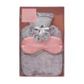 Faux Fur Hot Water Bottle & Satin Eye Mask - Grey/Pink