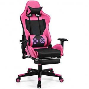 PU Leather Gaming Chair with USB Massage Lumbar Pillow and Footrest -Pink - Color: Pink D681-HW66628PI