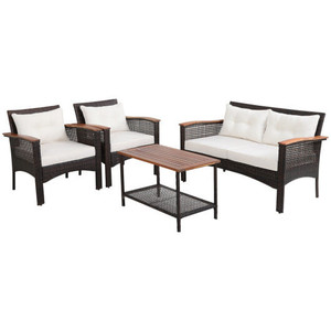4 Pieces Patio Rattan Acacia Wood Furniture Set with Cushions and Armrest - Color: Espresso D681-HW69538+