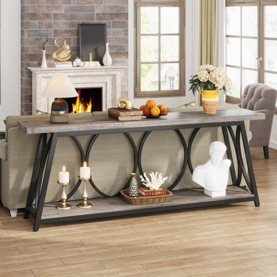 Industrial 70-inch Grey Wood Top Sofa Table with Heavy Duty Black Metal Frame Q280-GRCTSM15982746