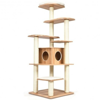 7-Layer Wooden Cat Tree Tall Cat Tower with Sisal Posts and Condo-Natural - Color: Natural D681-PS7431