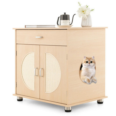 Cat Litter Box Enclosure with Sisal Scratching Doors and Storage-Natural B593-PV10148