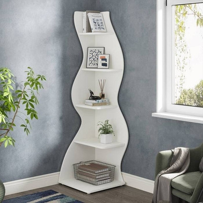 Modern Whimsical 5 Shelf Corner Bookcase Stand White Wood Finish Q280-WHTTRB65885