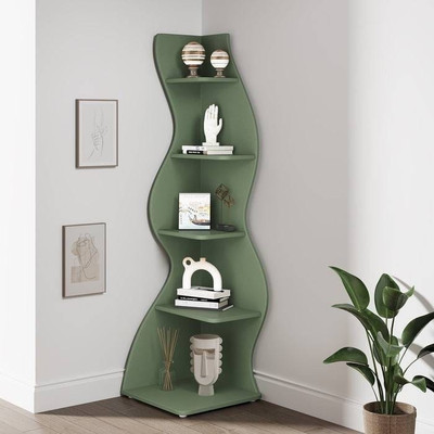 Modern Whimsical 5 Shelf Corner Bookcase in Green Wood Finish Q280-GRNTBSD9566