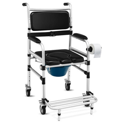 2-in-1 Aluminum Commode Shower Wheelchair with Locking Casters - Color: Black D681-JH10014