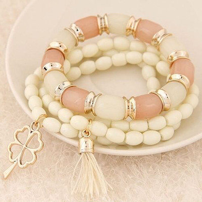 Golden Four-leaf Clover and Tassel Pendants Multi-layer Beads Fashion Bracelet - White A392-fabr1197