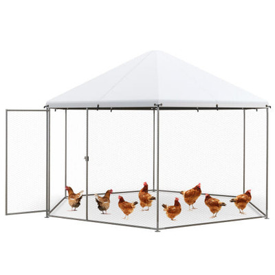 13FT Large Metal Hexagonal Chicken Coop with Wire Mesh and Lockable Door B593-PW10085